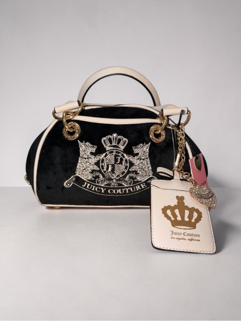 Juicy Couture Black Velvet Dome Satchel with Cream Trim